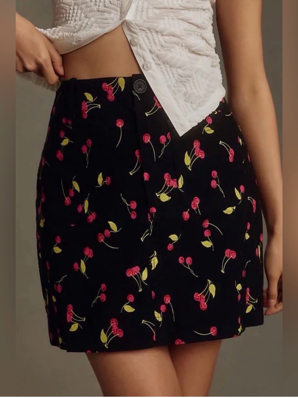 Maeve Black Mini Skirt with Pink Cherry Print